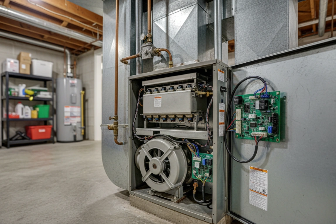 The clean internal components of a furnace after a successful repair in Broken Arrow.