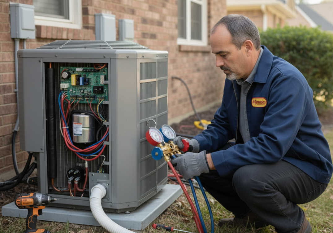 Air Dynamics owner checking refrigerant levels on an AC unit during a repair call in Catoosa, OK.