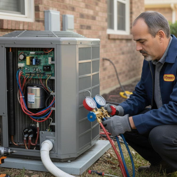 The owner of Air Dynamics diagnosing an AC compressor issue during a repair visit in Catoosa.