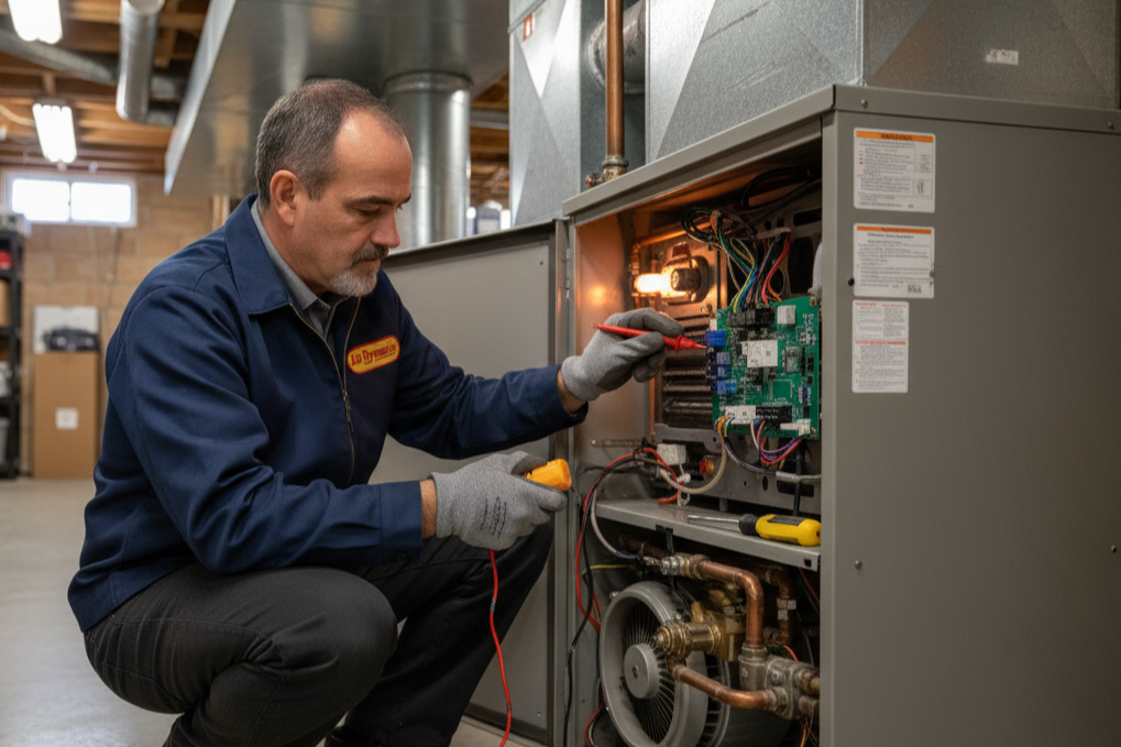 The owner of Air Dynamics performing a furnace repair in Broken Arrow.