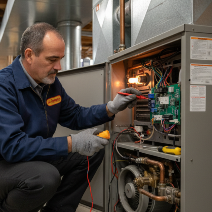 An Air Dynamics technician diagnosing a furnace issue for a repair call in Broken Arrow.
