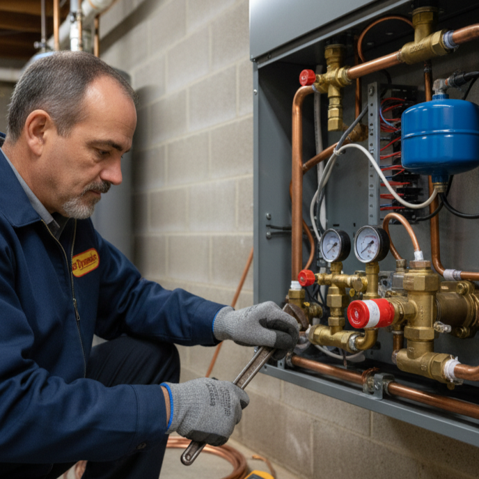 Air Dynamics of Tulsa technician diagnosing an issue during boiler installation service in Tulsa.