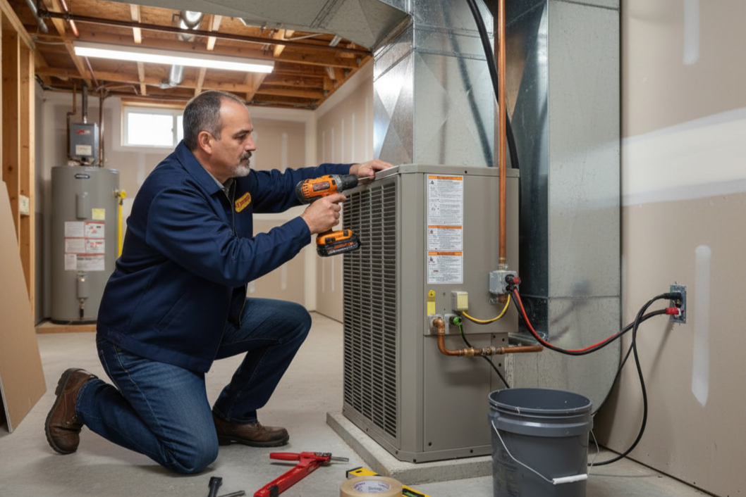 An Air Dynamics technician performs a new air conditioning installation in a Bixby home, securing the HVAC unit in a basement.