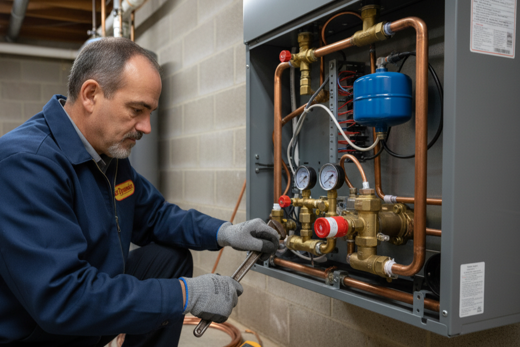 The owner of Air Dynamics performing a new boiler installation for a home in Tulsa, OK.